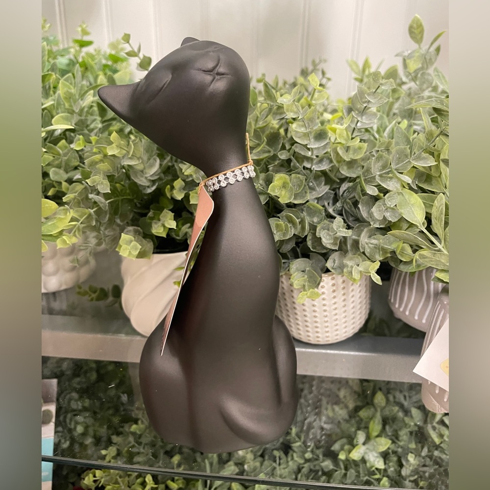 Black Cat Halloween Tabletop Decor Matte Black Rhinestone Collar Handmade NWT